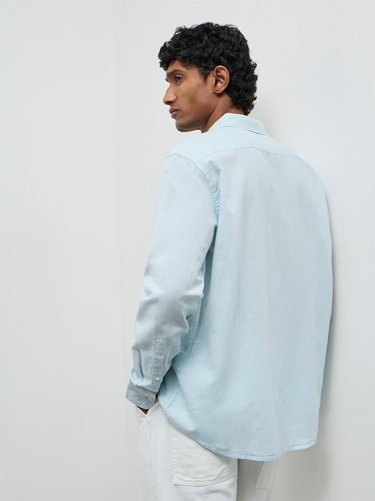 WES Casuals Light Teal Relaxed Fit Cotton-Blend Shirt