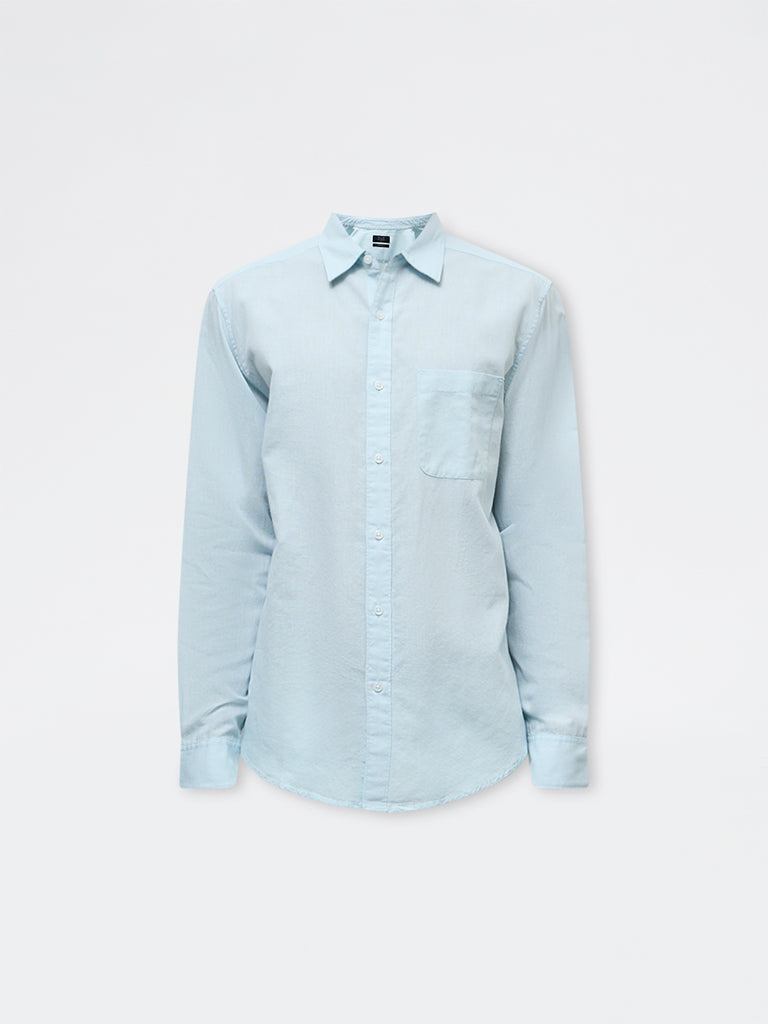 WES Casuals Light Teal Relaxed Fit Cotton-Blend Shirt
