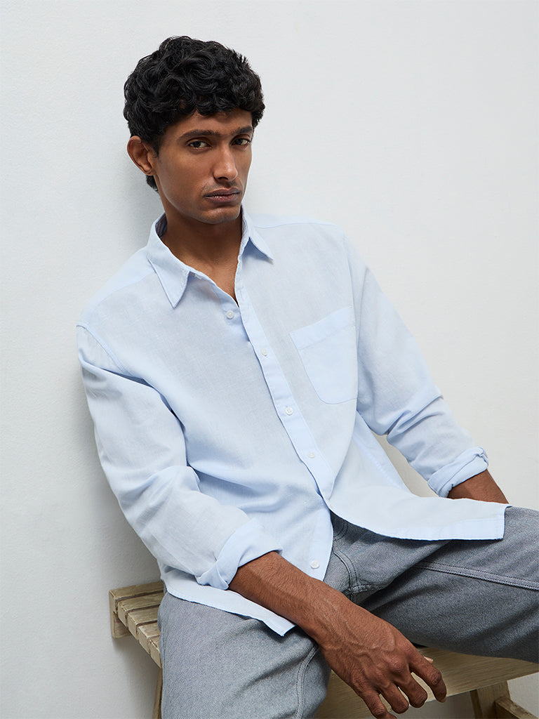 WES Casuals Light Blue Relaxed-Fit Cotton-Blend Shirt