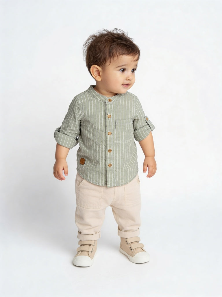 HOP Baby Boys Sage Striped Cotton-Blend Shirt and Pants Set