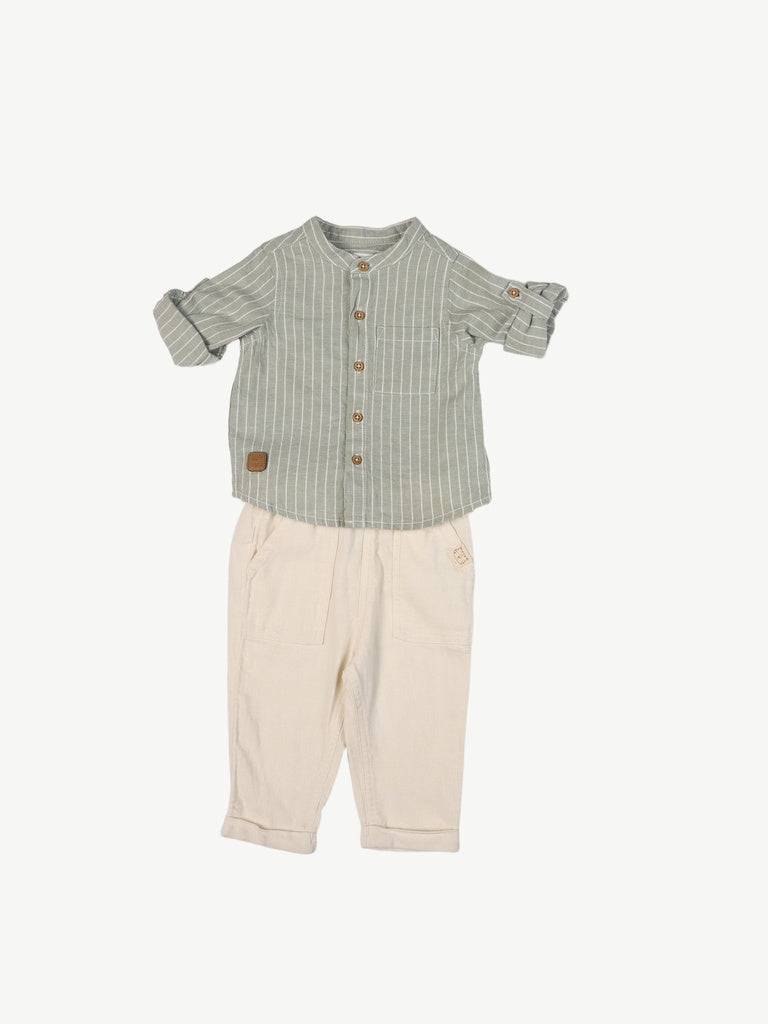 HOP Baby Boys Sage Striped Cotton-Blend Shirt and Pants Set