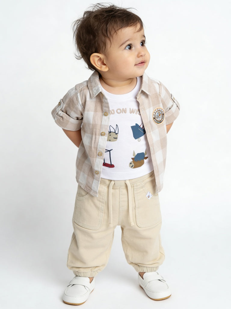 HOP Baby Boys Beige Checked Cotton Shirt and T-Shirt Set