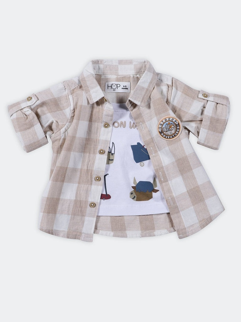 HOP Baby Boys Beige Checked Cotton Shirt and T-Shirt Set