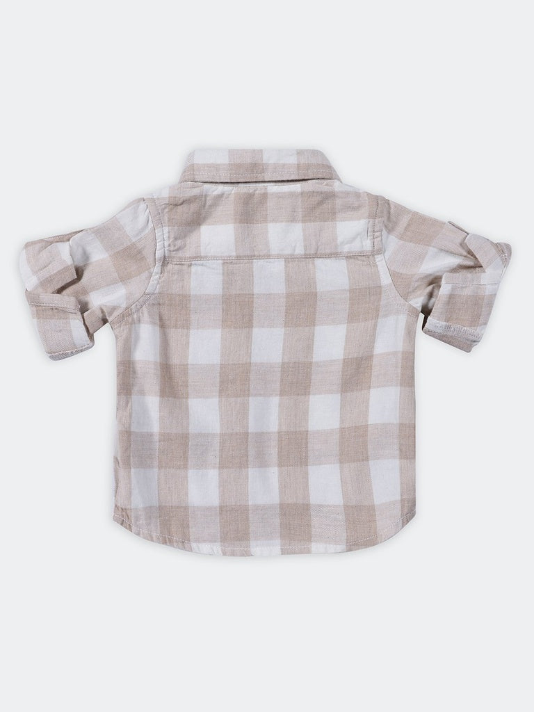 HOP Baby Boys Beige Checked Cotton Shirt and T-Shirt Set