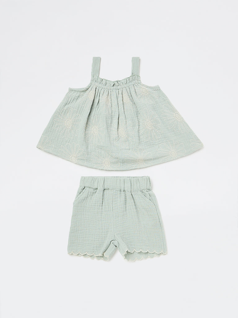 HOP Baby Girls Sage Floral Embroidered Cotton Top with Shorts Set