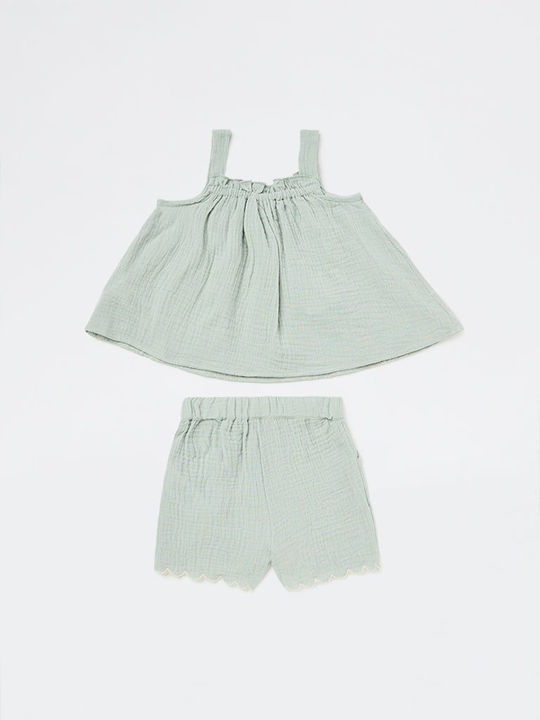 HOP Baby Girls Sage Floral Embroidered Cotton Top with Shorts Set