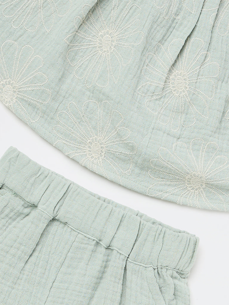 HOP Baby Girls Sage Floral Embroidered Cotton Top with Shorts Set
