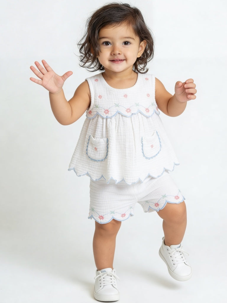 HOP Baby Girls White Embroidered Cotton A-Line Dress and Shorts Set