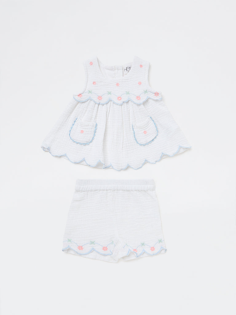 HOP Baby Girls White Embroidered Cotton A-Line Dress and Shorts Set