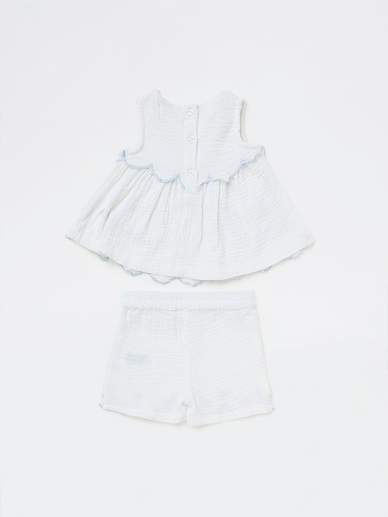 HOP Baby Girls White Embroidered Cotton A-Line Dress and Shorts Set