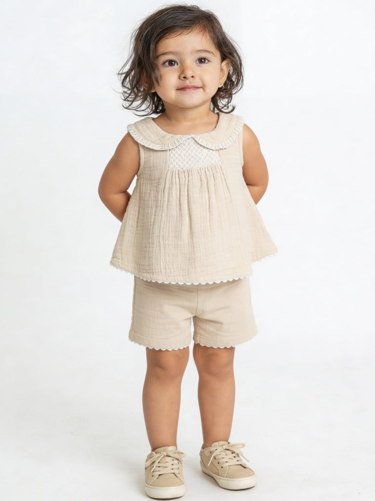 HOP Baby Girls Beige Textured Cotton Top and Shorts Set