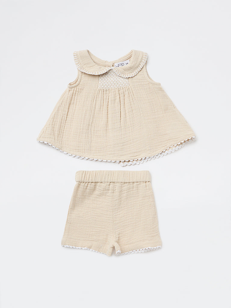 HOP Baby Girls Beige Textured Cotton Top and Shorts Set