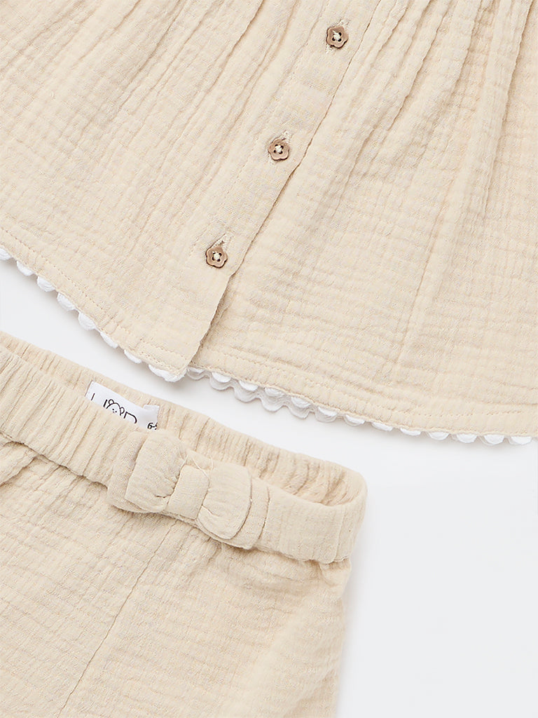 HOP Baby Girls Beige Textured Cotton Top and Shorts Set