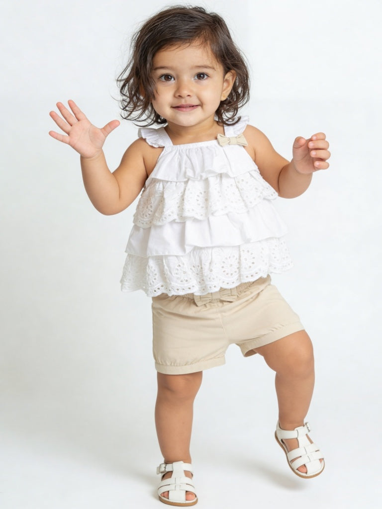 HOP Baby Girls White Schiffli Design Cotton Dress and Shorts Set