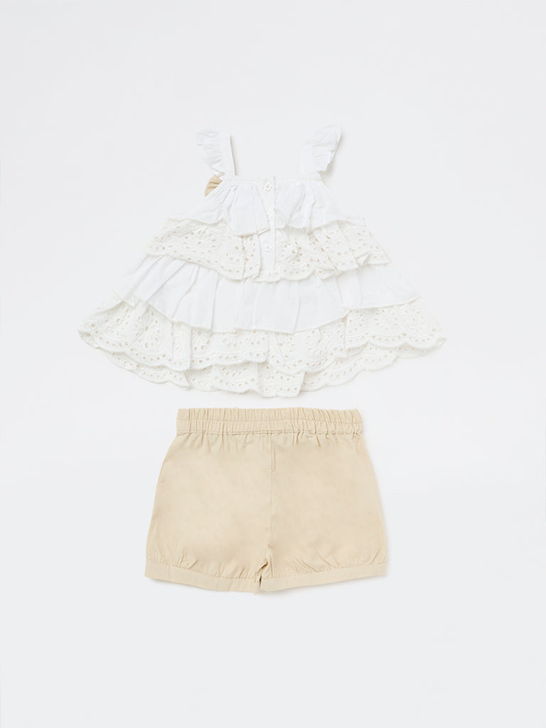HOP Baby Girls White Schiffli Design Cotton Dress and Shorts Set