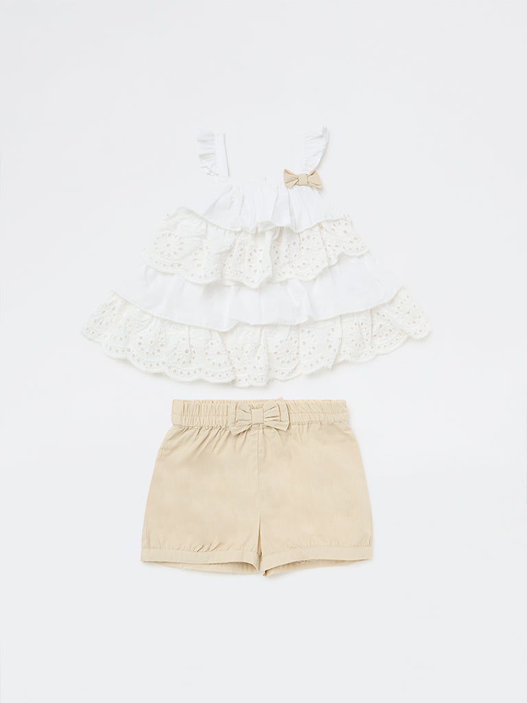 HOP Baby Girls White Schiffli Design Cotton Dress and Shorts Set