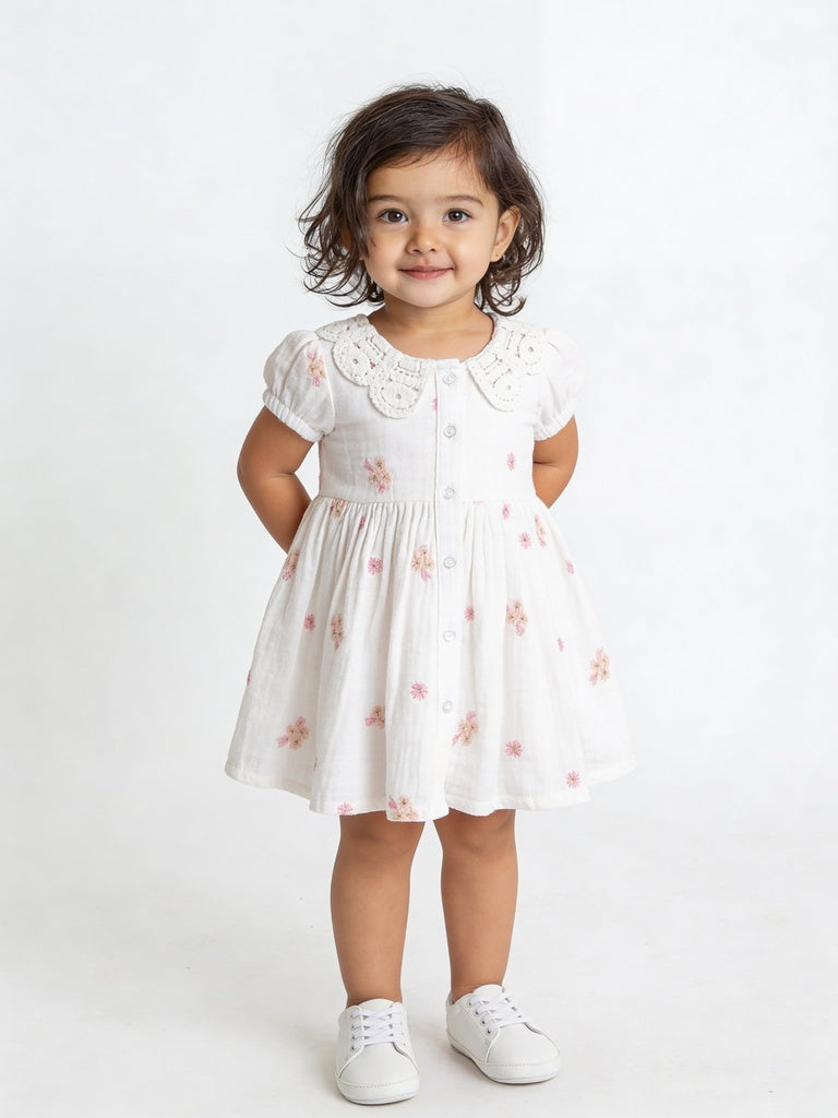 HOP Baby Girls White Floral Embroidered Cotton Dress