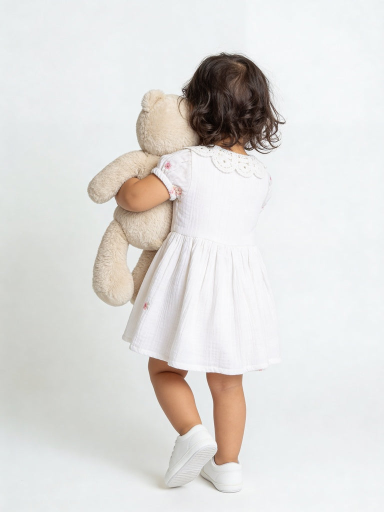 HOP Baby Girls White Floral Embroidered Cotton Dress