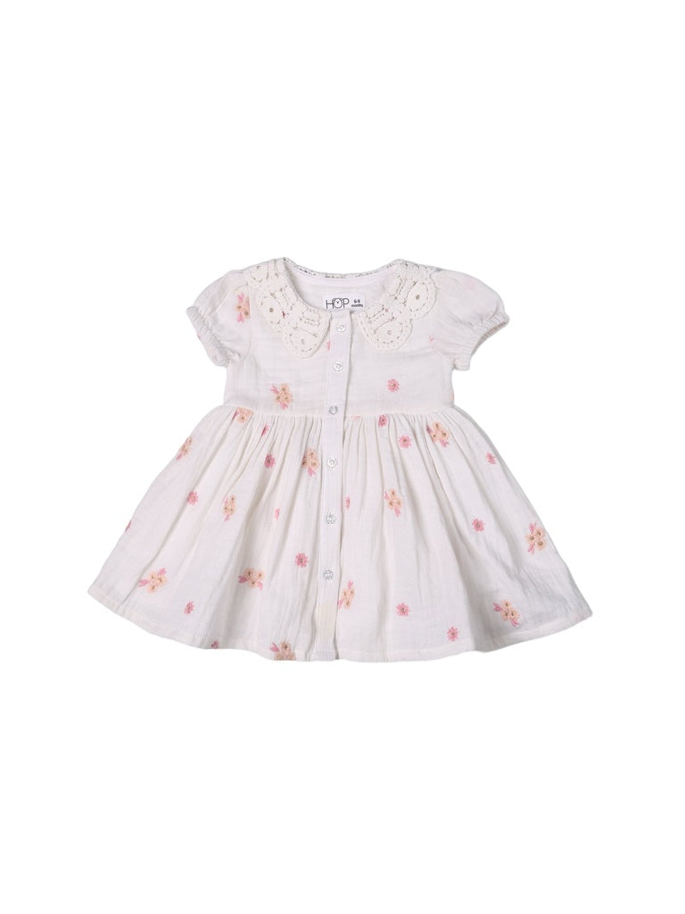 HOP Baby Girls White Floral Embroidered Cotton Dress