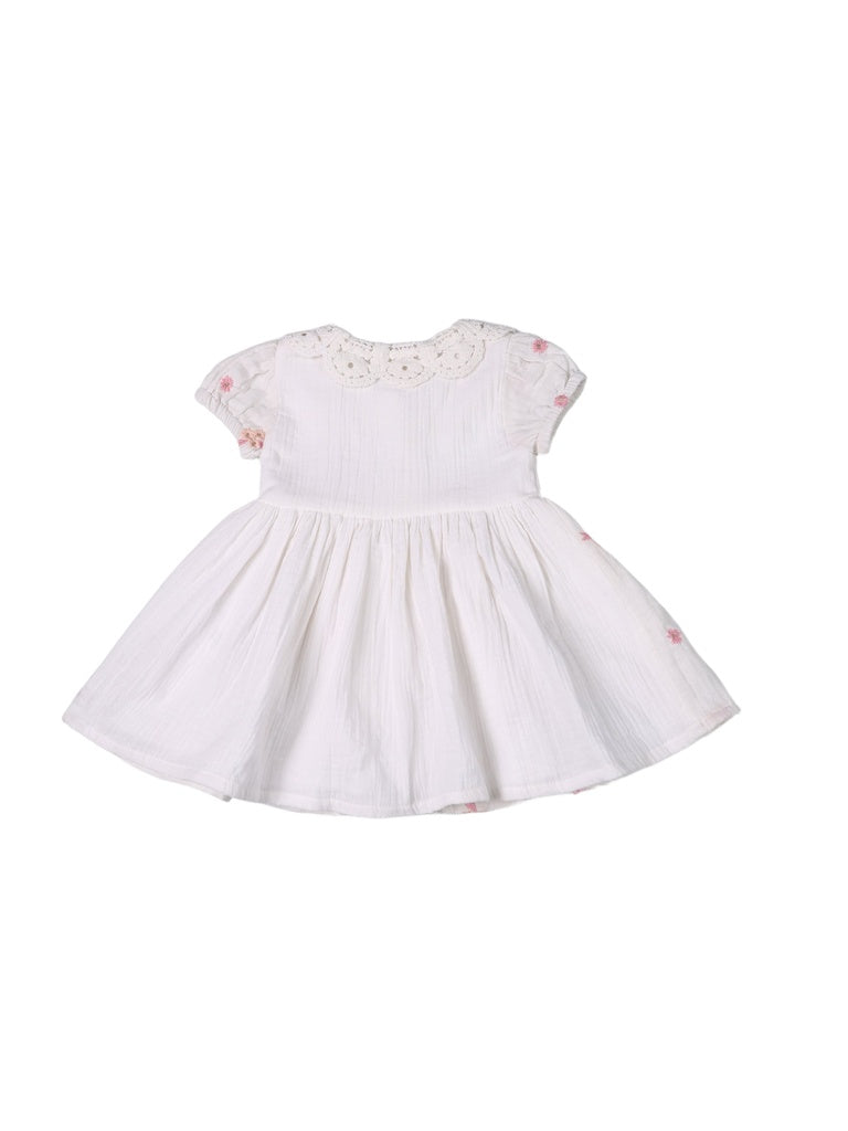 HOP Baby Girls White Floral Embroidered Cotton Dress