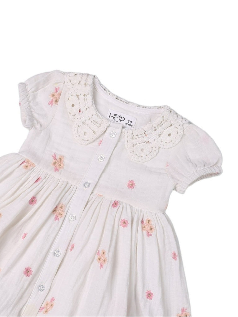 HOP Baby Girls White Floral Embroidered Cotton Dress