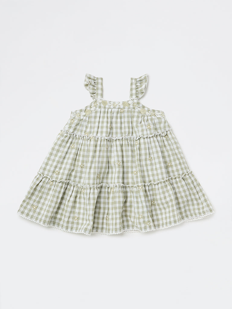 HOP Baby Girls Sage Gingham Checkered Cotton Tiered Dress