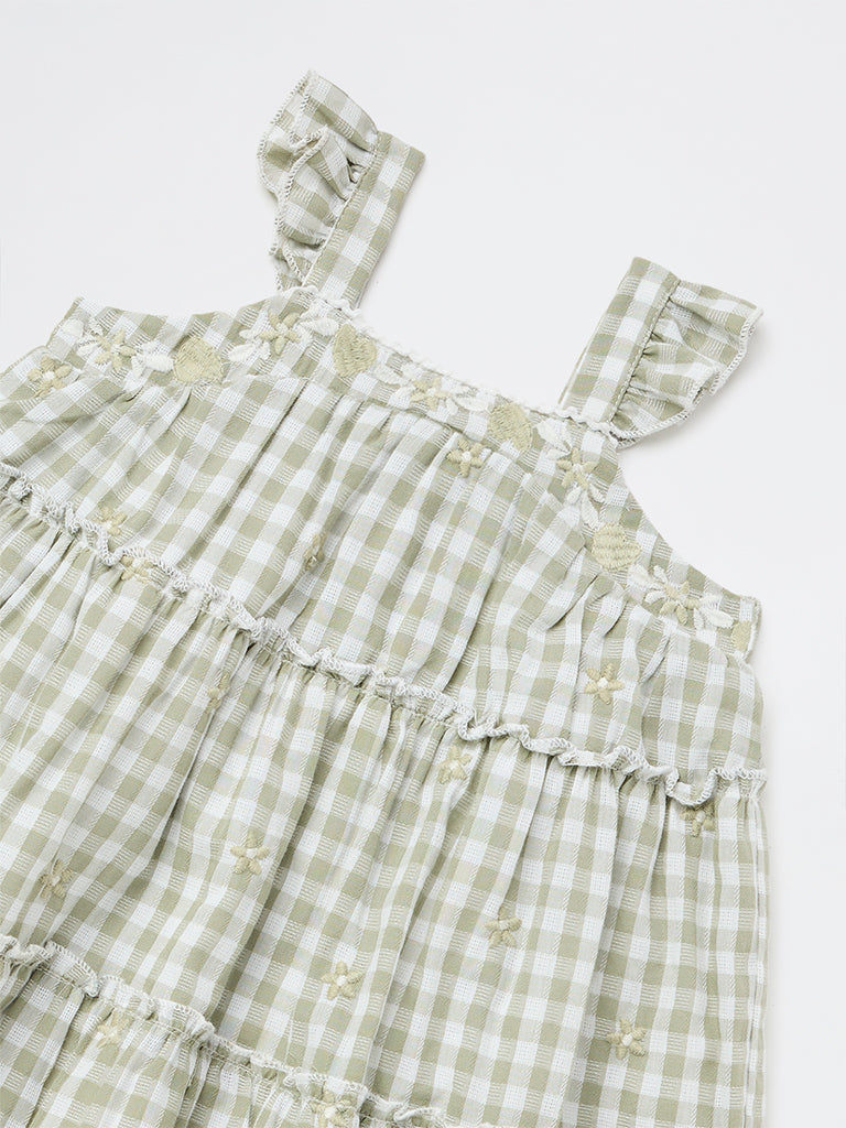 HOP Baby Girls Sage Gingham Checkered Cotton Tiered Dress