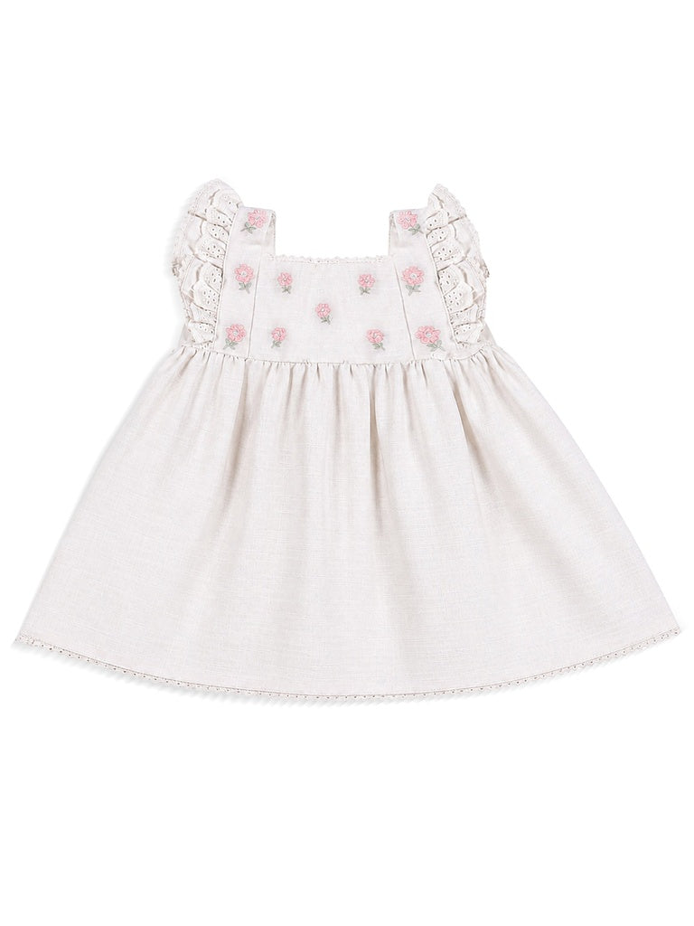 HOP Baby Girls Off-White Floral Embroidered Cotton-Blend Dress