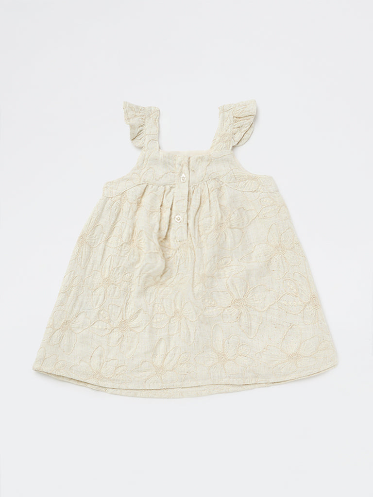 HOP Baby Girls Beige Floral Embroidered A-Line Dress