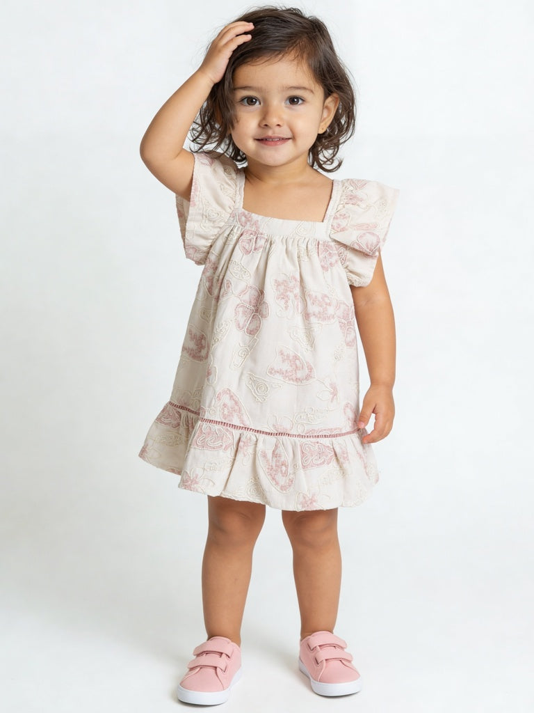 HOP Baby Girls Off-White Cotton-Blend Embroidered Dress