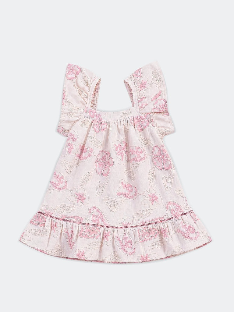 HOP Baby Girls Off-White Cotton-Blend Embroidered Dress