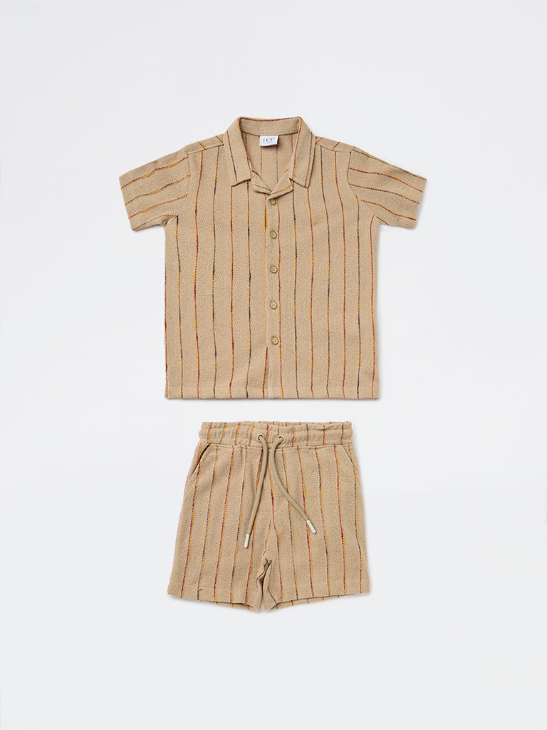 HOP Kids Boys Taupe Cotton-Blend Shirt and Shorts Set