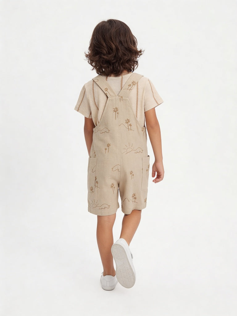 HOP Kids Boys Beige Printed Cotton Dungaree and T-Shirt Set