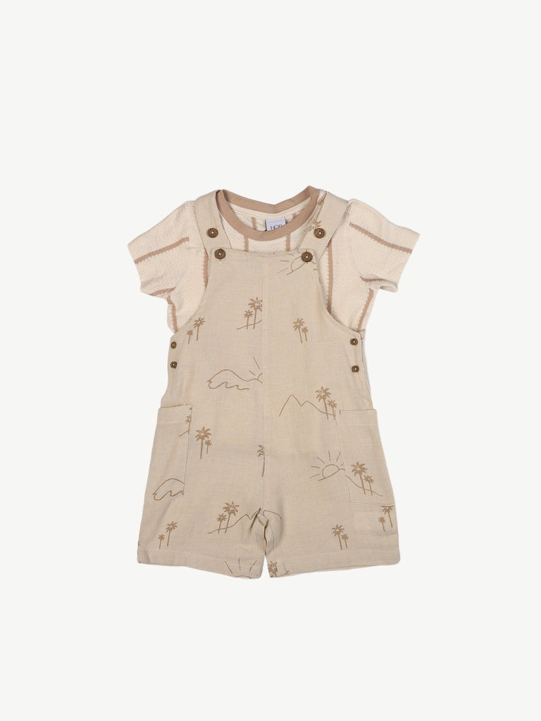HOP Kids Boys Beige Printed Cotton Dungaree and T-Shirt Set