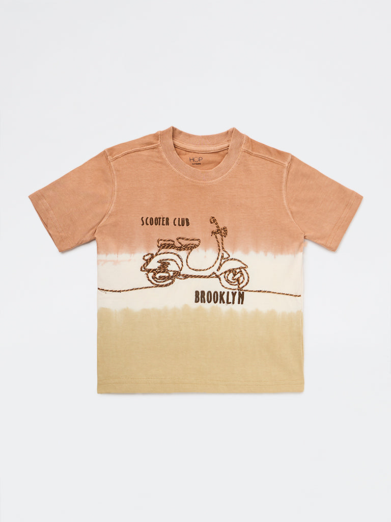 HOP Kids Boys Brown Tie-Dye Design Cotton T-Shirt