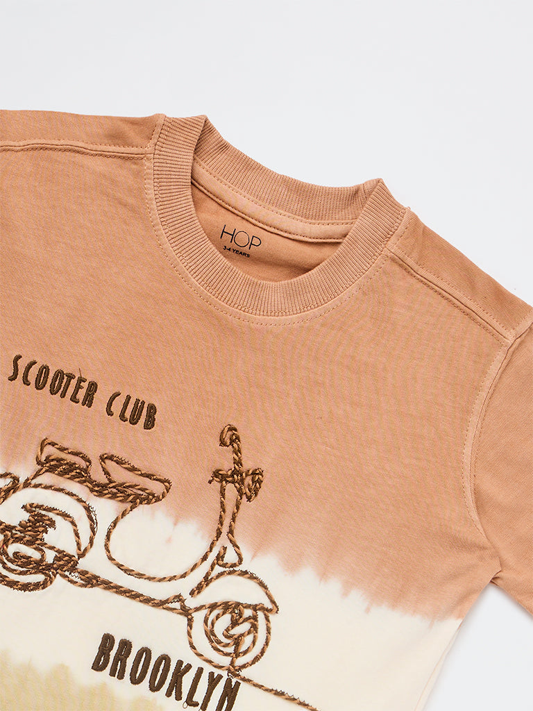 HOP Kids Boys Brown Tie-Dye Design Cotton T-Shirt