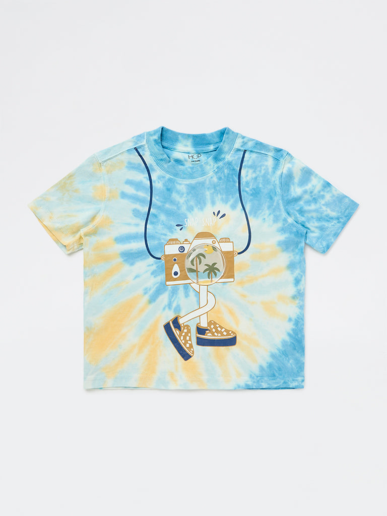HOP Kids Boys Blue Tie-Dye Printed Cotton T-Shirt