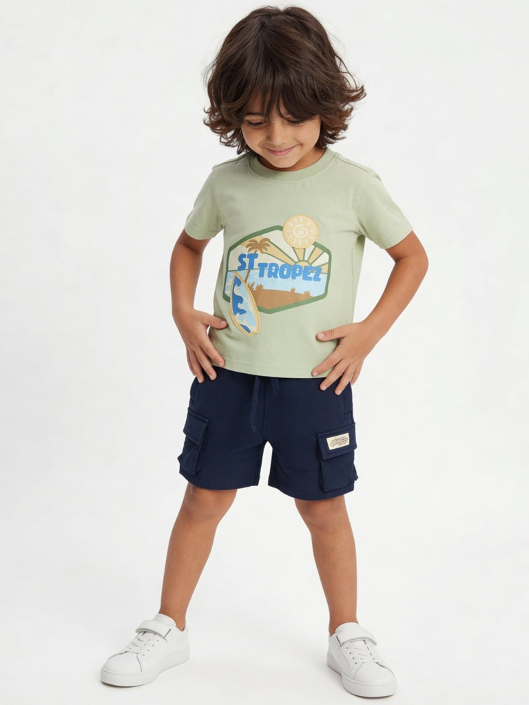 HOP Kids Boys Light Green Printed Cotton T-Shirt