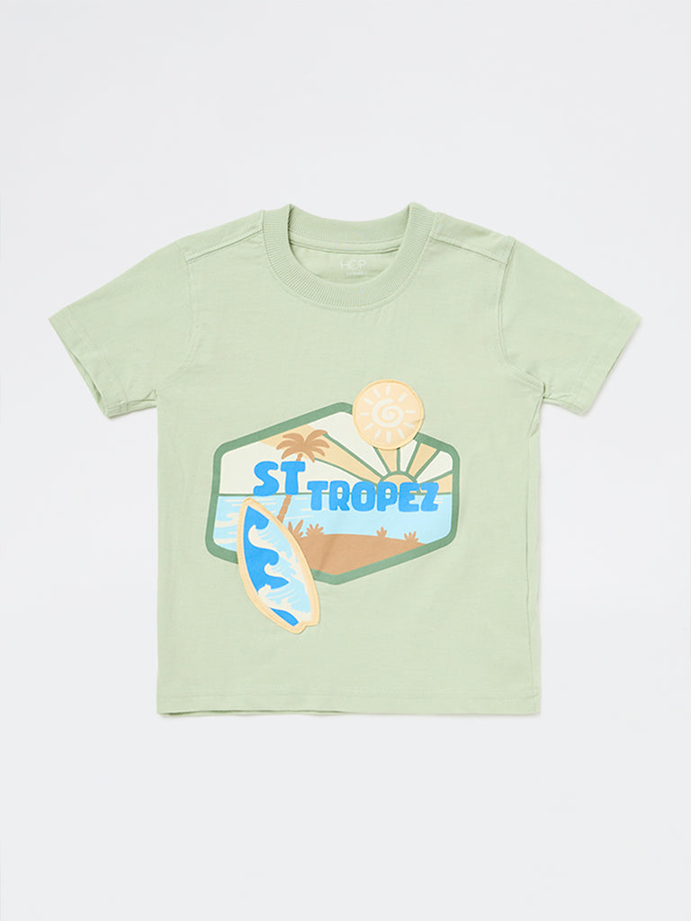 HOP Kids Boys Light Green Printed Cotton T-Shirt