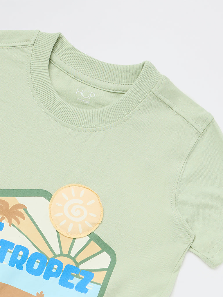 HOP Kids Boys Light Green Printed Cotton T-Shirt
