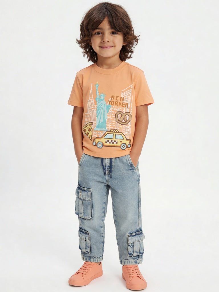 HOP Kids Boys Orange Cityscape Printed Cotton T-Shirt