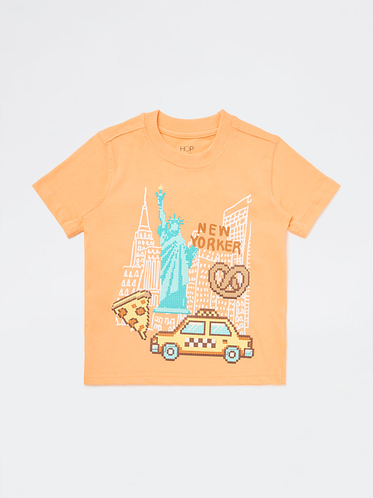 HOP Kids Boys Orange Cityscape Printed Cotton T-Shirt