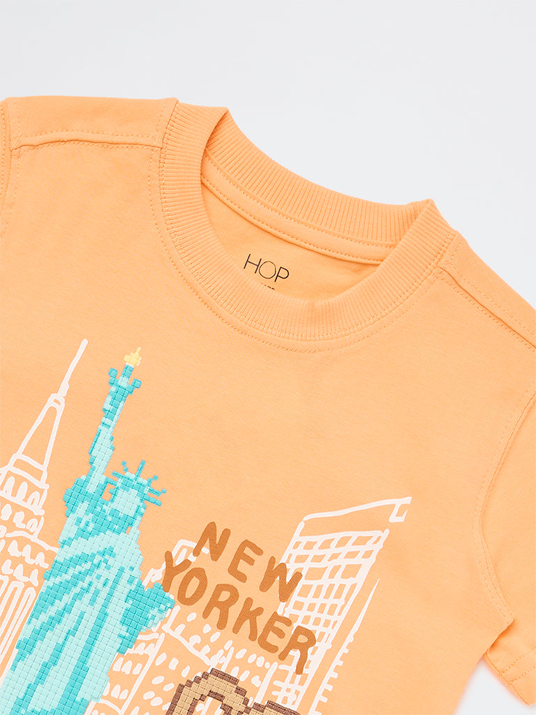 HOP Kids Boys Orange Cityscape Printed Cotton T-Shirt