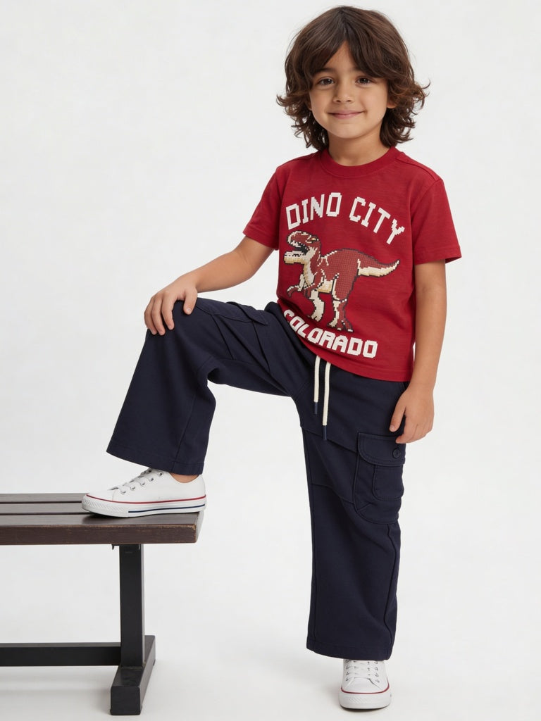 HOP Kids Boys Red Dinosaur Printed Cotton T-Shirt