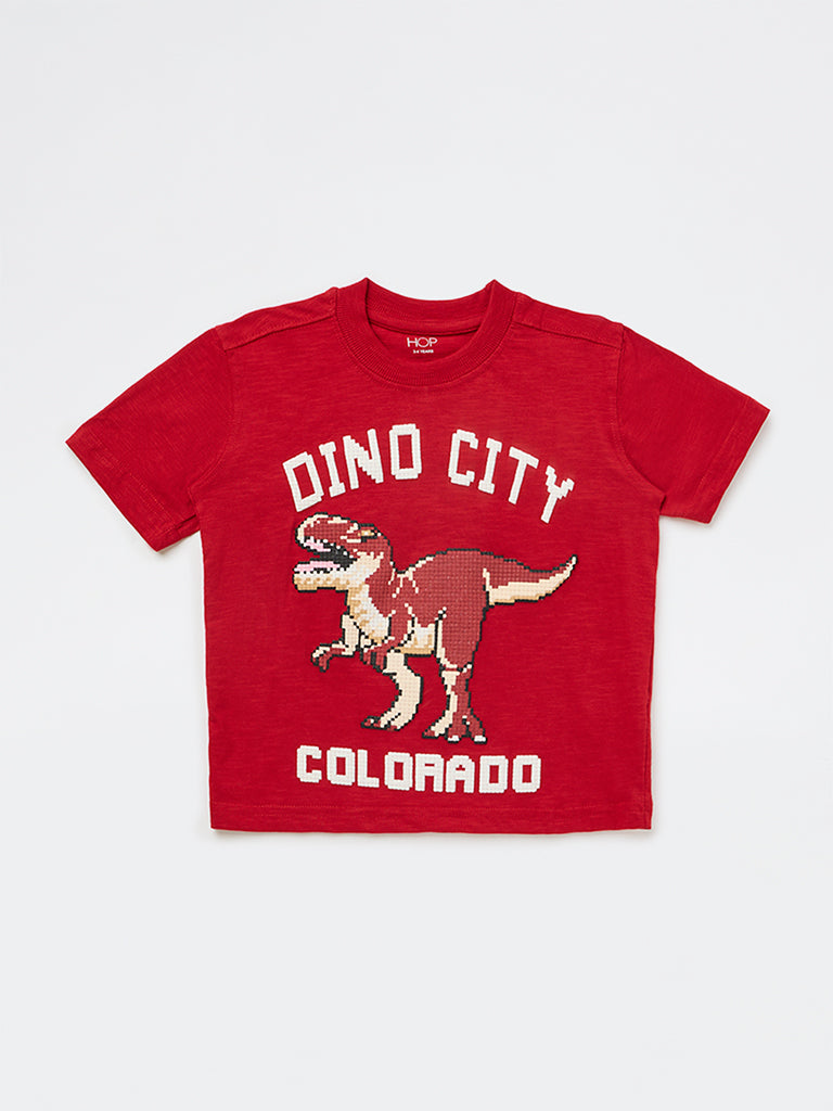 HOP Kids Boys Red Dinosaur Printed Cotton T-Shirt