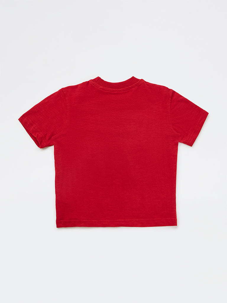 HOP Kids Boys Red Dinosaur Printed Cotton T-Shirt