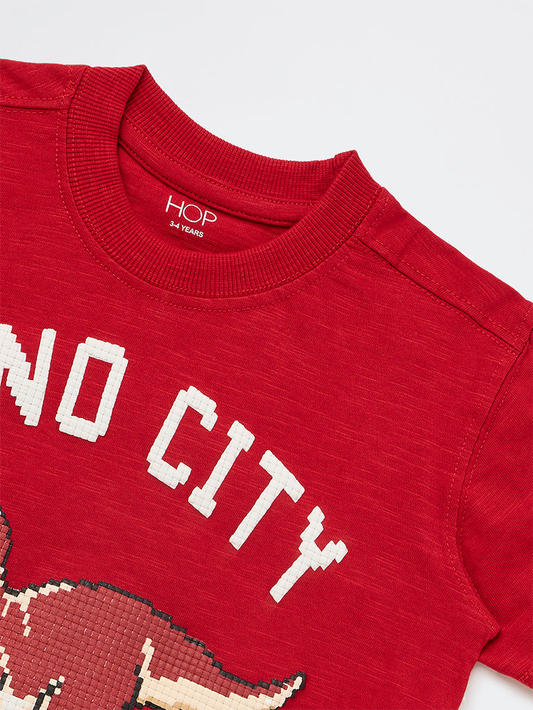 HOP Kids Boys Red Dinosaur Printed Cotton T-Shirt
