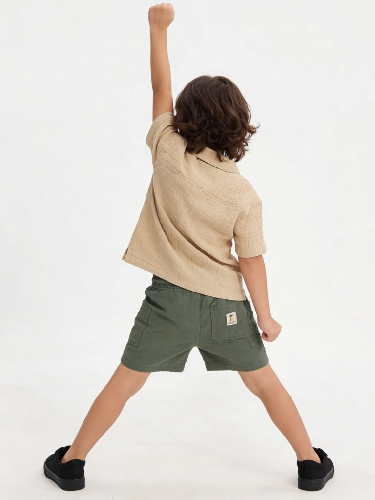 HOP Kids Boys Light Taupe Crinkle-Textured Cotton Shirt