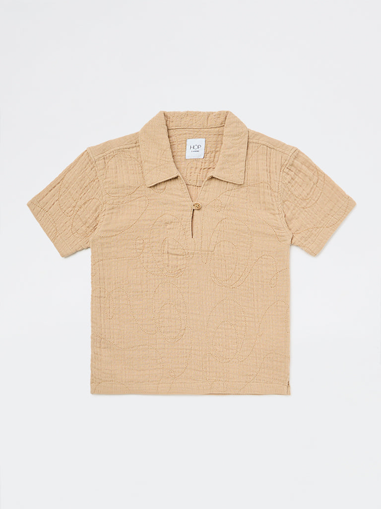 HOP Kids Boys Light Taupe Crinkle-Textured Cotton Shirt