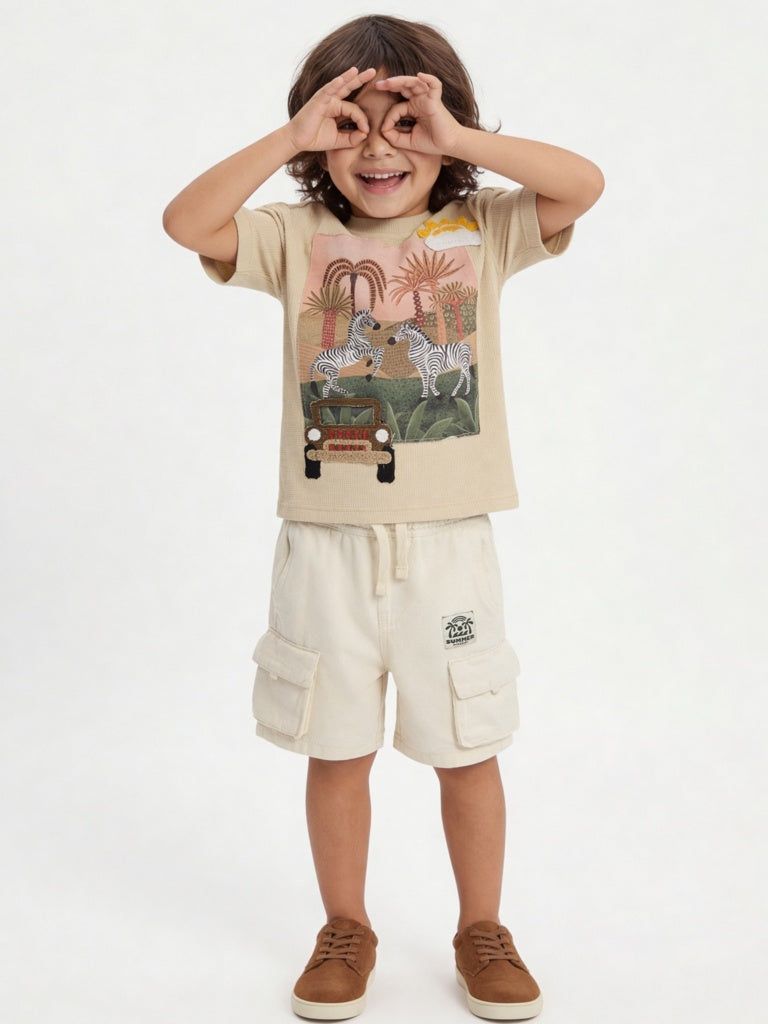 HOP Kids Boys Beige Graphic Printed Cotton T-Shirt